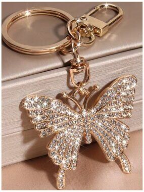 Crystal Encrusted Butterfly Keychain Rose-Golden Alloy Rhinestone Purse Fob